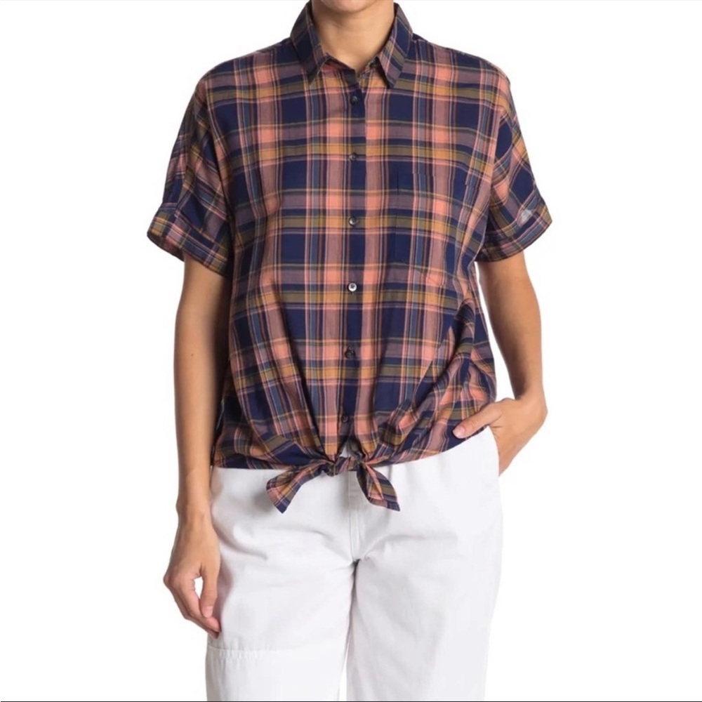Madewell Plaid Blue Night Tie Hem Button Down Shirt Large
